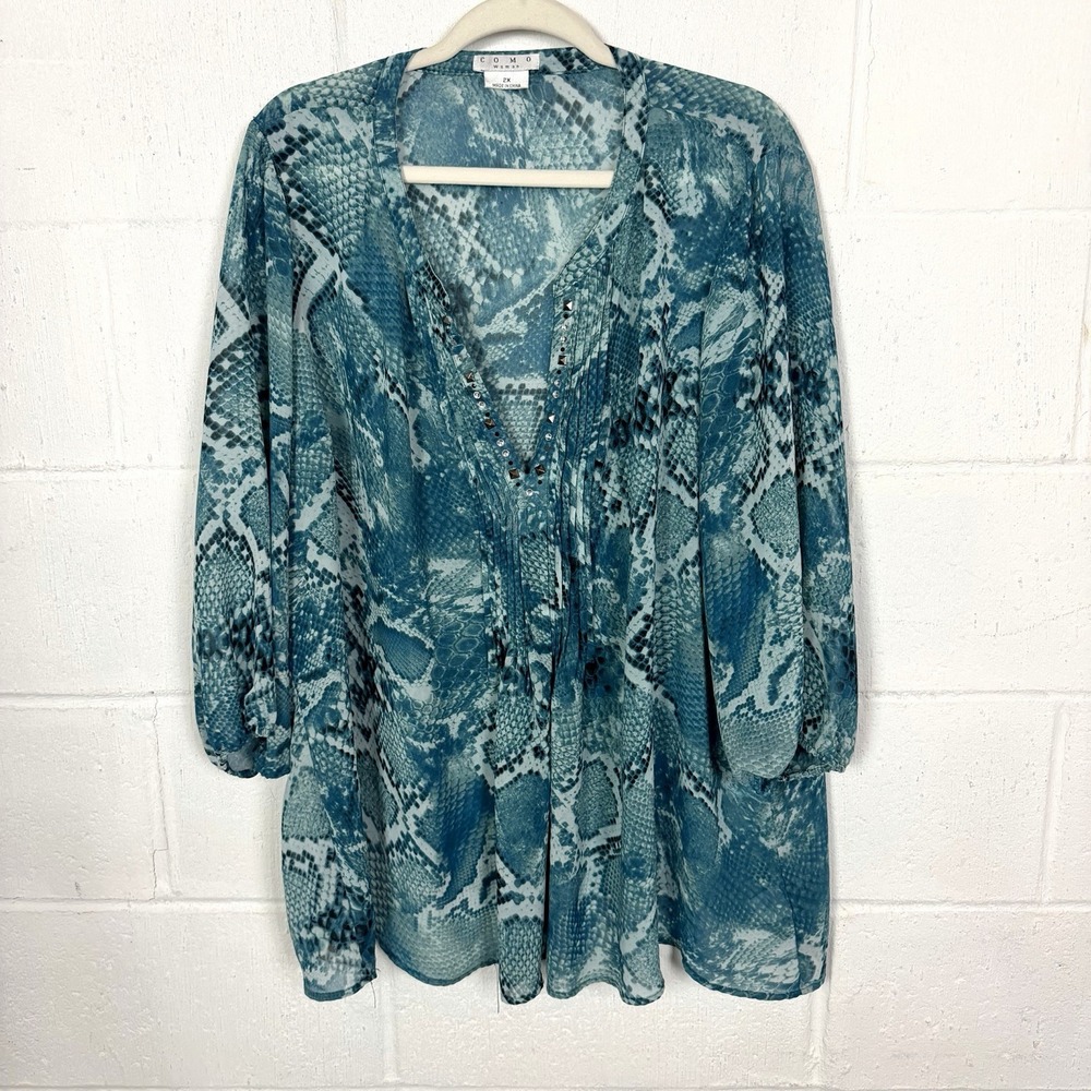 Como Popover Top Plus Size 2X Snake Print Sheer Gem Neckline Maximalist Artsy